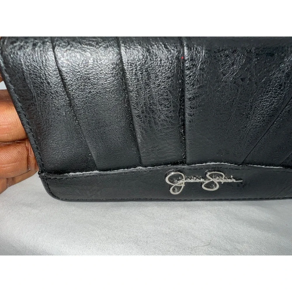 Jessica Simpson Black Pleated Trifold Wallet Leopard Print Interior Silver‎ Logo